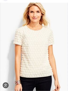 Talbots Cream Textured Applique Dot Short-Sleeve Lined Cotton Top